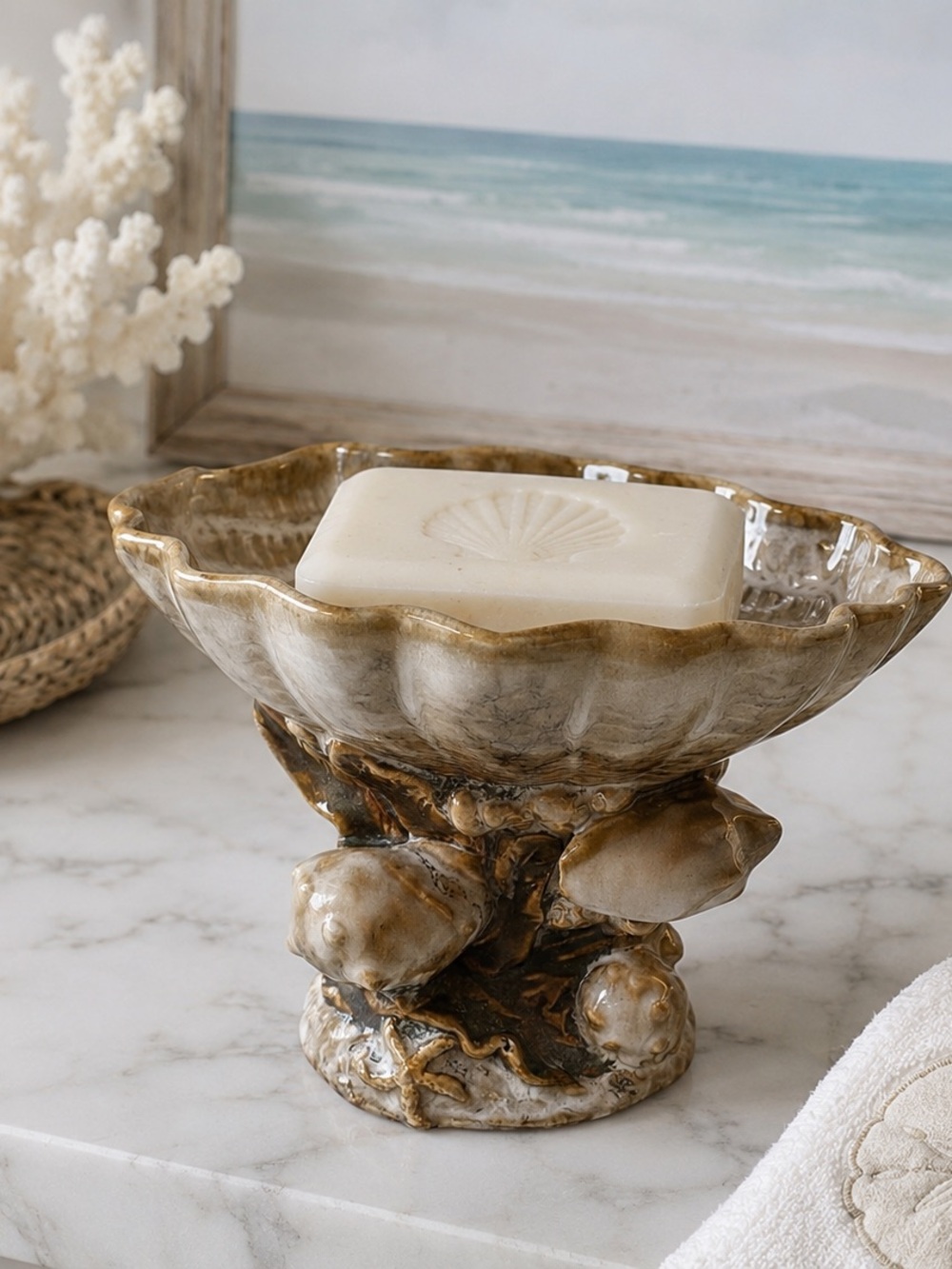 Vintage Soap Dish Pedestal Shell Bowl Coastal Beach Nautical